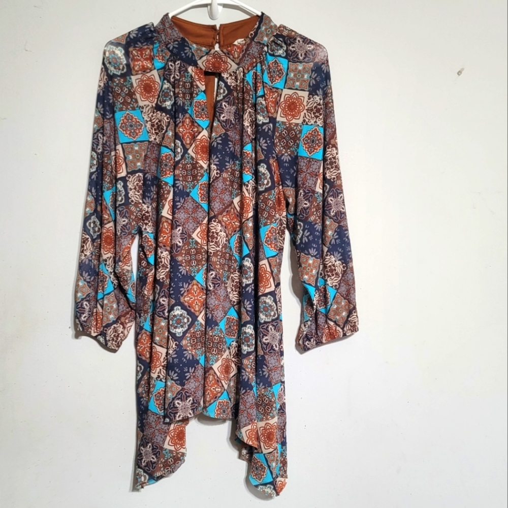 Cato Womens Sz Large Brown Top Blouse Shirt Aqua Blue Boho Sheer‎ Lined Western